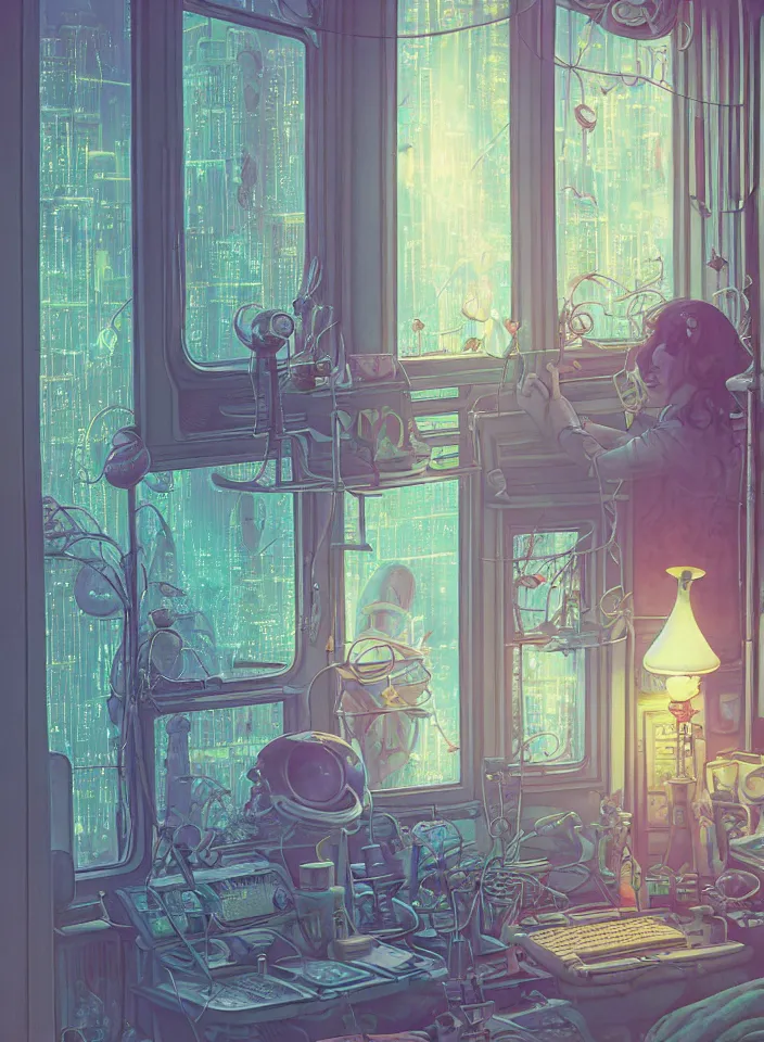 Image similar to telephoto 7 0 mm f / 2. 8 iso 2 0 0 photograph depicting the feeling of chrysalism in a cosy cluttered french sci - fi ( art nouveau ) cyberpunk apartment in a pastel dreamstate art style. ( computer screens, window ( rain ), sink, lamp ( ( fish tank ) ) ), ambient light.