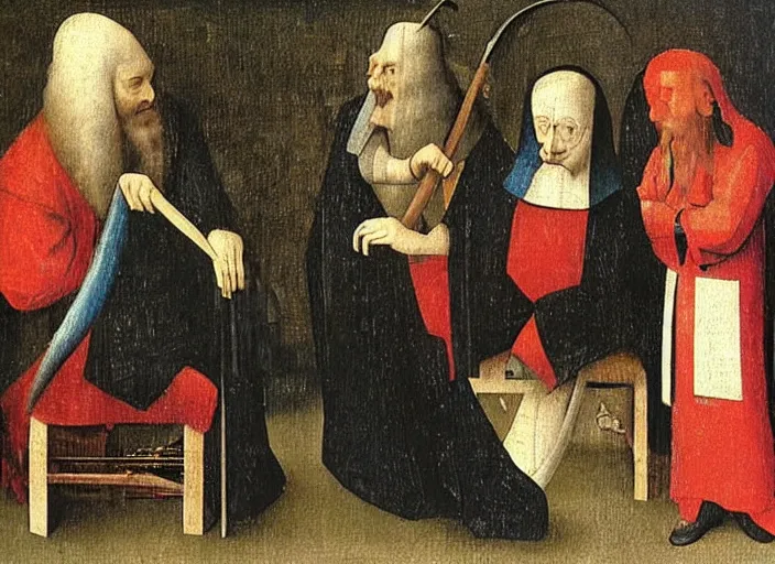 Image similar to judge wearing a bench wig is making a haircut to another judge with a bench wig, by hieronymus bosch