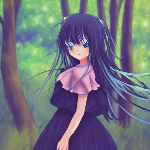 Prompt: anime girl in a forest, blue sky, digital art