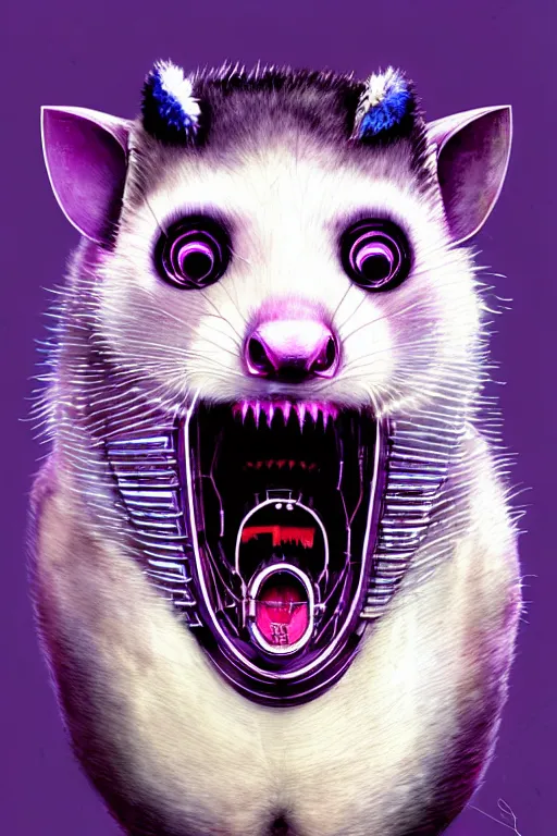 Image similar to a beautiful portrait of a cute cyberpunk opossum screaming by sandra chevrier and greg rutkowski and wlop, purple blue color scheme, high key lighting, volumetric light, digital art, highly detailed, fine detail, intricate, ornate, complex, octane render, unreal engine, photorealistic