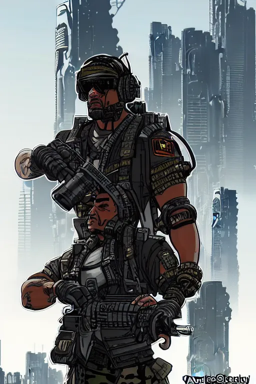 Image similar to Dangerous Tojo. buff Samoan cyberpunk mercenary wearing a cyberpunk tactical headset and military vest. AR-15. square face. Realistic Proportions. Concept art by James Gurney and Laurie Greasley. Moody Industrial skyline. ArtstationHQ. Creative character design for cyberpunk 2077.