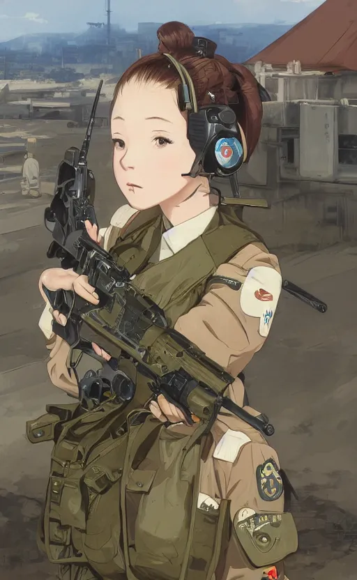 Image similar to portrait of a female soldier, highly detailed, high resolution, military camp in the background, genshin impact visual style, illustration, stunning, girls frontline style, bokeh soft, matte, 100mm, by professional photographer, hayao miyazaki, ilya kuvshinov, alphonse mucha, studio mappa, realistic human anatomy, realistic military carrier, modern warfare, realistic weapon, shot with a arriflex 35 ii, low saturation, small eyes