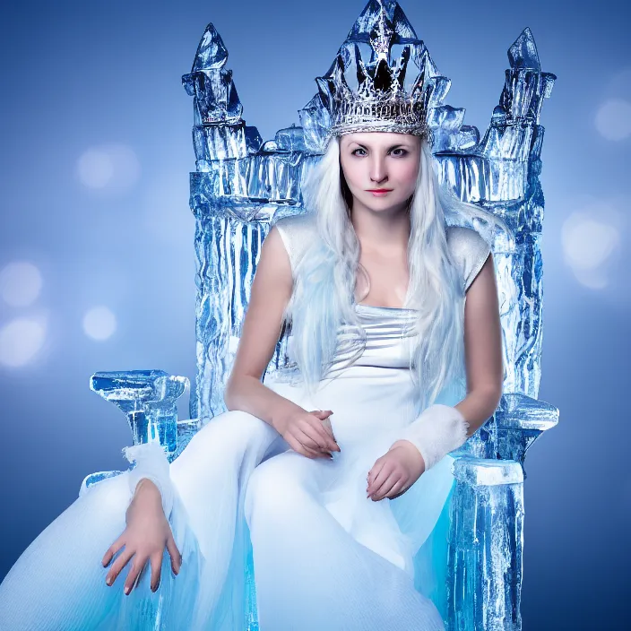 Prompt: photo of a very beautiful!! ice queen sitting on her ice throne highly detailed 8 k hdr smooth sharp focus high resolution award - winning photo