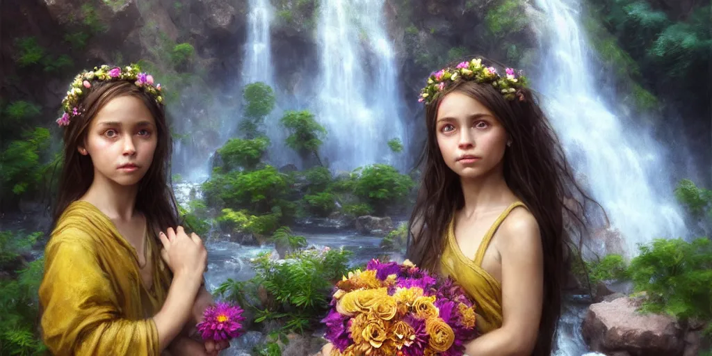 Image similar to hyperrealist portrait of a girl offers a bouquet of flowers to the ancient god of salt, gold and myrrh in a natural landscape with a huge waterfall behind. by daniel f. gerhartz, fantasy art, photo realistic, dynamic lighting, artstation, poster, volumetric lighting, very detailed faces, 4 k, award winning