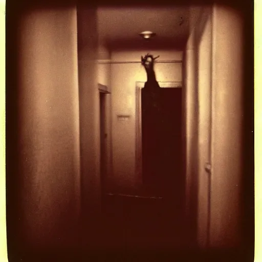 Image similar to a terrifying monster at the end of a hallway, dark!, creepy, nightmare fuel!!!, unsettling, uncanny valley!, old polaroid, expired film,