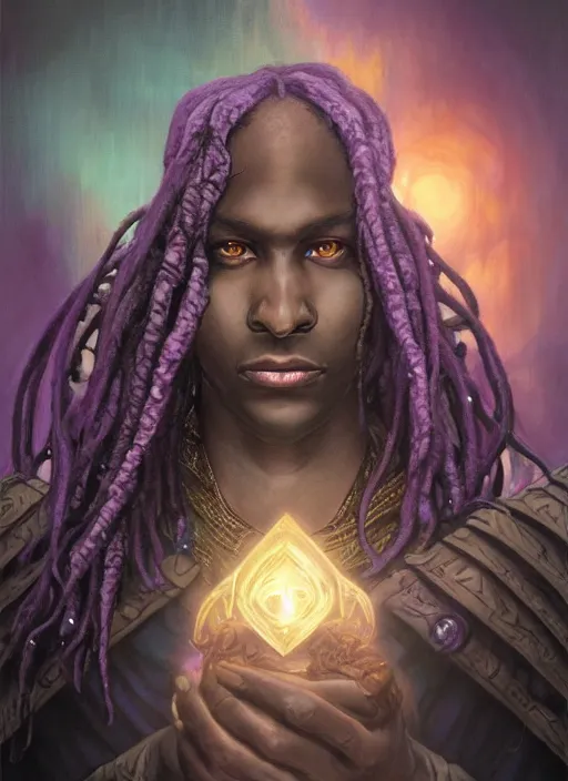 Image similar to dark skinned half elf, purple dreadlocks, god of illithid, fantasy, extremely detailed, digital painting, artstation, concept art, smooth, sharp focus, illustration, stunning lighting, art by artgerm and greg rutkowski and alphonse mucha and simon stalenhag, realistic character concept, high fantasy, light atmosphere, golden ratio, cinematic lighting, hyperdetailed, high resolution, insanely detailed and intricate, artstation, Marc Simonetti, Greg Rutkowski