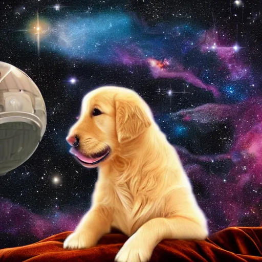 Image similar to photorealistic photograph of a golden retriever puppy in a spacesuit floating through the cosmos, realism, 4k