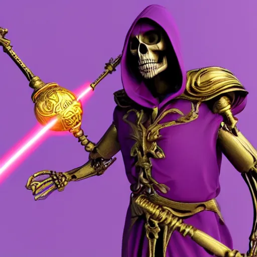 Image similar to a skeleton in a large wide purple robe, golden magical shoulder pads, in a hood, a red magic sphere in his chest, he holds a golden magic staff in his hands, stands next to a golden throne, realism, game quality, 3d render, proportions