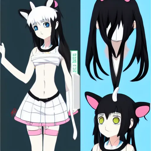 Prompt: Japanese styled anime character design sheet of a shy caucasian short girl with black hair, heterochromia eyes and with cat ears and cat tail wearing a white and blue moon inspired oufit, fishnet stockings, white sneakers, white earrings and a black nose ring, trending on artstation