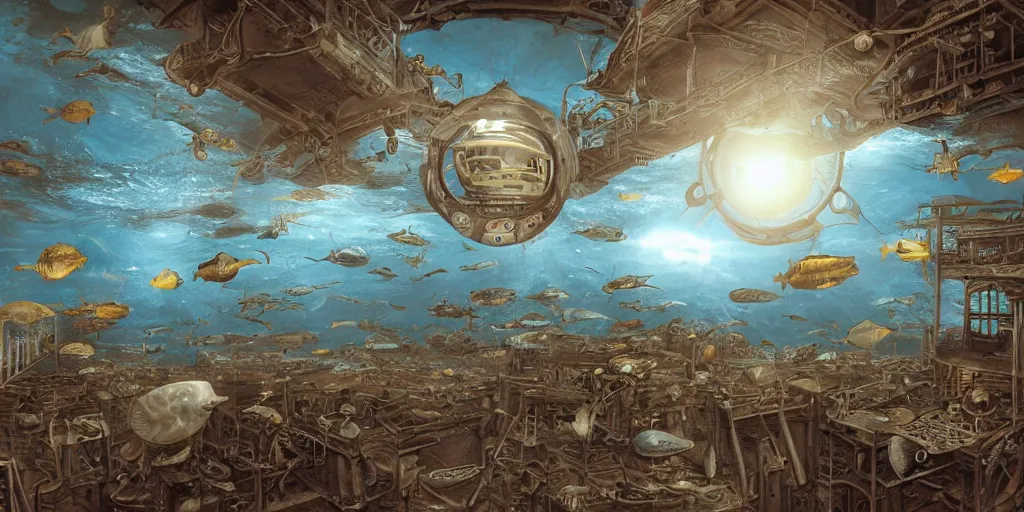 Image similar to cyborg fly in sky steampunk oceanographer study, maps crowding the walls, bookshelves, paintings of ocean topography, sonar equipment, marine biologist lab, bookshelves, incandescent lighting, unreal engine, bibliopunk