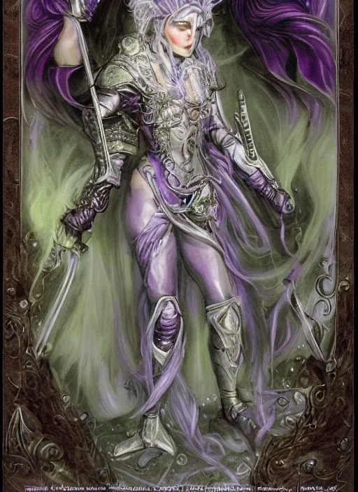 Image similar to portrait of young female prophetess of the endtimes, transluscent skin, silver filigreed armor, lavender hair, beautiful! coherent! dungeons and dragons character, by brian froud, strong line, cool night color, high contrast