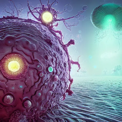 Image similar to internal lymphocyte virion rawandrendered synaptic physarum fractality transmission embryonic beholder glial neurons cyberpunk nerve cells microscopic tidepool mandelbulb plankton by wojtekfus facey rossdraws. neuronal c 4 d neuroscience wallpaper abstraction neurone synapse by beksinski. # imaginativerealism