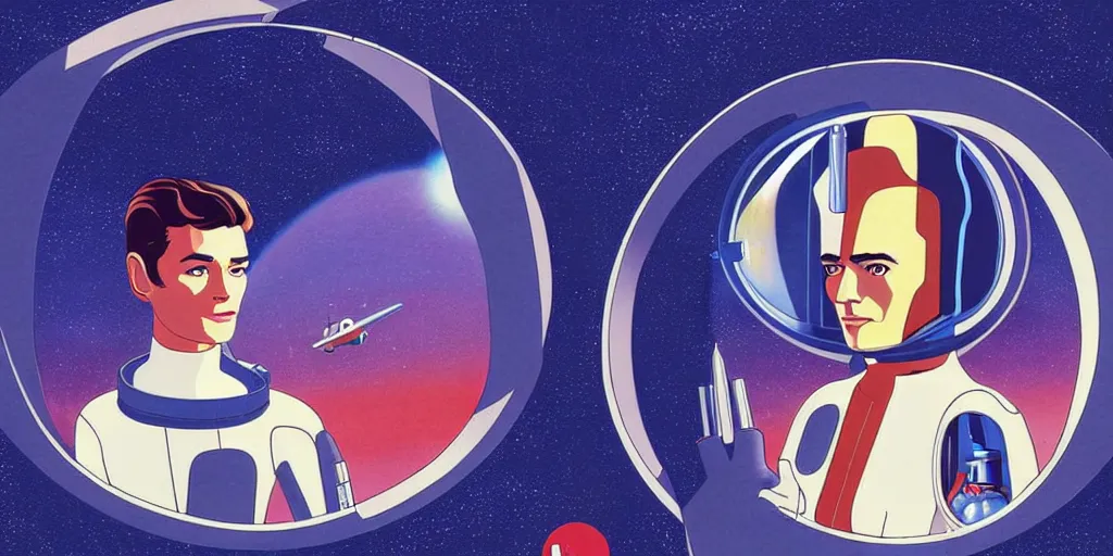 Image similar to a portrait of lonely single Alain Delon alone pilot in spacesuit posing in symmetrical spaceship station landing laying lake artillery porthole captain bridge outer worlds hyper contrast in FANTASTIC PLANET La planète sauvage animation by René Laloux