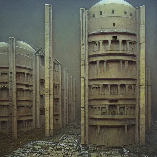 Image similar to painting of a scifi ancient civilzation victorian, brutalist architecture, beksinski