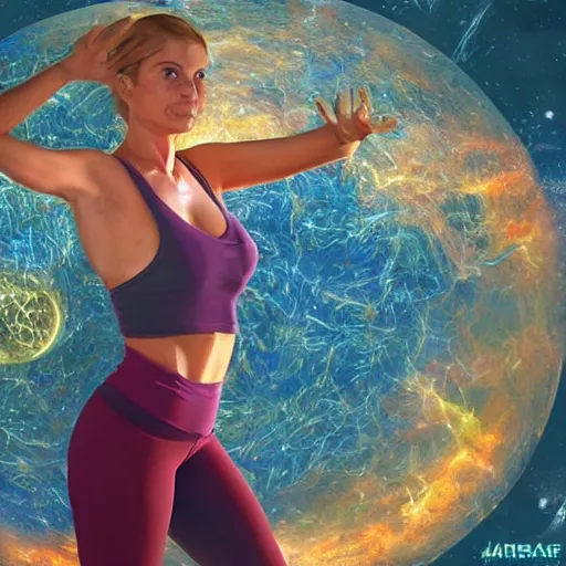 Image similar to female yoga instructor holding planet in space, trending on art station, 8 k