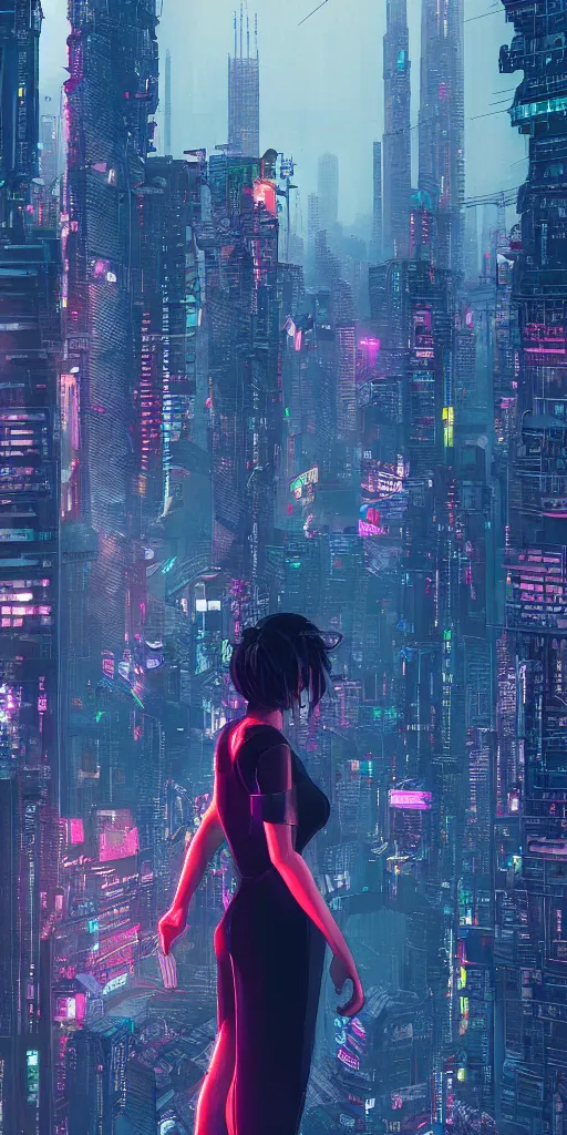 Prompt: cyberpunk girl on a roof, looking up at cityscape of vertical cyberpunk city with high towers, shanghai, by Alena Aenami and blade runner and akira, trending on Artstation,