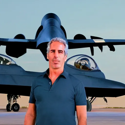 Image similar to aesthetic illustration of jeffrey epstein, wearing a dark blue polo shirt, standing near fighter jet on an empty runway at dusk, cinematic lighting, high detail, volumetric lights, pinterest wallpaper