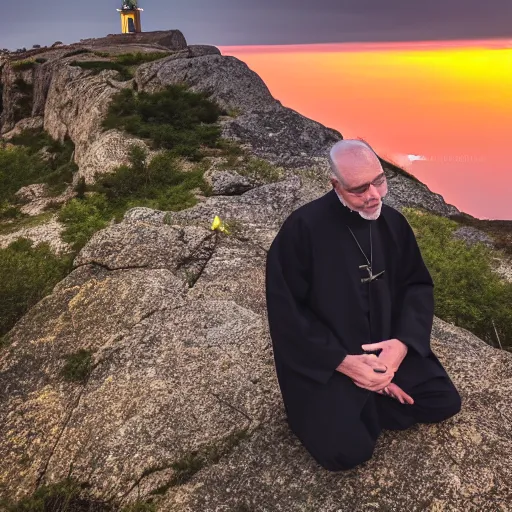 Image similar to An old and friendly looking catholic priest kneeled in prayer at the summit of a tall tower. The night sky is filled with a yellow shadow. 4K photograph, dramatic lighting