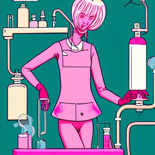 Prompt: realistic retro colored illustration of princess bubblegum by junji ito, with pink hair made of bubblegum, confident scientist performing experiments in her lab, dark retro pulp sci - fi