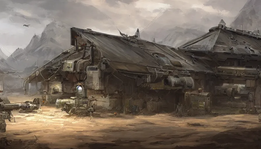 Image similar to concept art of modular military base, oil painting by jama jurabaev, extremely detailed, brush hard, artstation, for aaa game, high quality, brush stroke