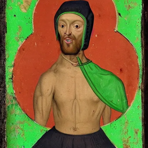 Prompt: skinny man with ugly deformed face wearing bright green cap and bodysuit, medieval painting