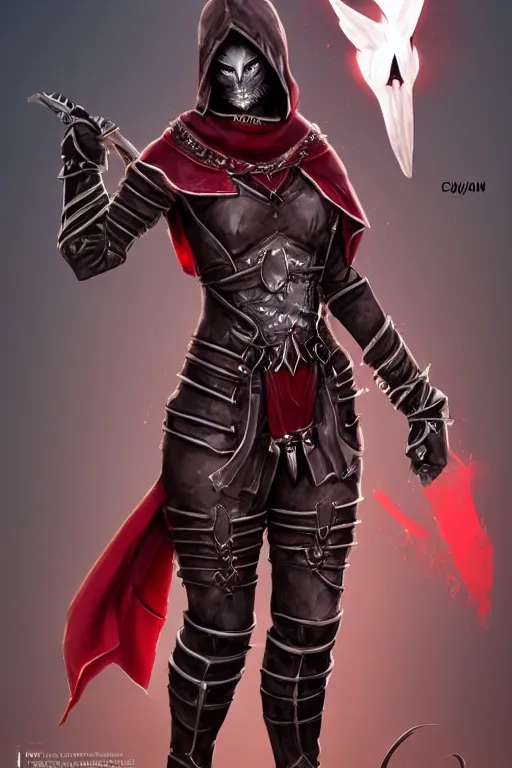 Image similar to female adventurer in tight full - body ebony leather armor of dunmer design with dark red cloth underneath with white porcelain crow mask, trending in artstation, establishing shot