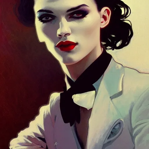 Prompt: ravishing portrait of androgynous ruby rose as desire from sandman in a white tuxedo!!!, rockabilly style,, by alphonse mucha, by jeremy mann, by peter lindbergh, dave mckean, by frank moth, white suit and black tie, soft lightning, high detailed, 8 k