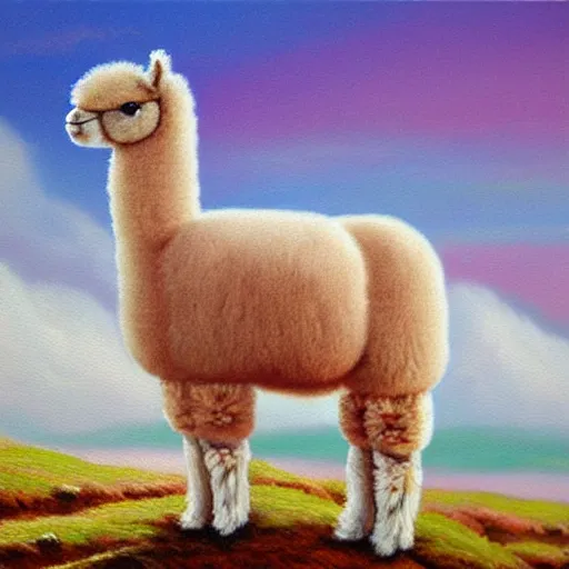 Image similar to fluffy pink alpaca on a cliff, oil painting