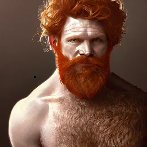 Image similar to beautiful natural middle aged bearded and very hairy male ginger god wearing only a white perizoma loincloth, intricate, elegant, highly detailed, digital painting, artstation, concept art, smooth art, sharp focus, illustration, art by artgerm and greg rutkowski and alphonse mucha and loish and WLOP