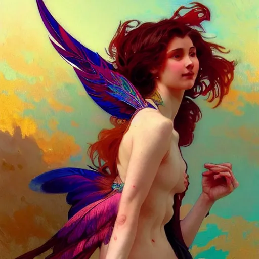 Prompt: A female figure with feathery wings painted with vibrant colours, fantasy, detailed, intricate, elegant, highly detailed, digital painting, artstation, concept art, smooth, sharp focus, illustration, art by Krenz Cushart and Artem Demura and alphonse mucha