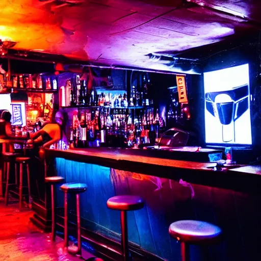 Image similar to rundown cyberpunk bar, with daft punk singing karaoke on the stage