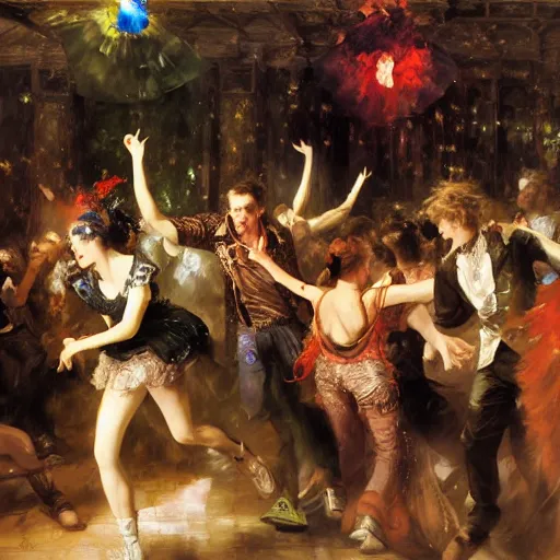 Image similar to rave dance party by andreas achenbach, yoshitaka amano, arthur adams, charlie bowater, leonid afremov, chiho ashima, karol bak, david bates, tom chambers