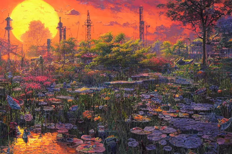 Image similar to oil painting, super - detailed scene akira, twilight junkyard, louisiana swamps, indigo blooming flowers garden, japanese sci - fi books art, artwork by jean giraud, hd, 4 k, high quality