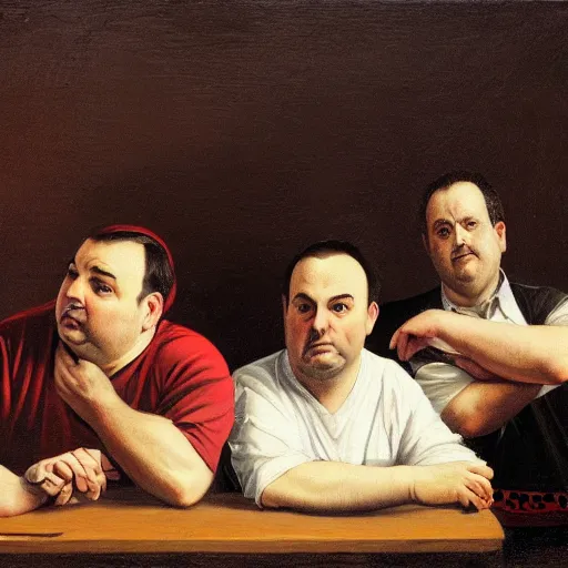 Prompt: Rich Evans, Mike Stoklasa, Jay Bauman, Red Letter Media, Caravaggio painting, depressed middle-aged men