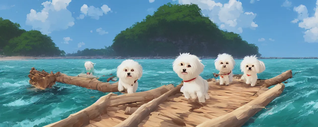 Image similar to a cream - colored havanese dog and shih tzu, sailing a log raft onto the shore of a beautiful tropical beach, detailed, atey ghailan, goro fujita, studio ghibli, rim light, exquisite lighting, clear focus, very coherent,