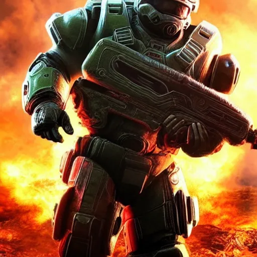 Prompt: Donald Trump as Masterchief in gears of war, splash art, movie still, detailed face, photorealistic facial features, cinematic lighting, dramatic, octane render, long lens, shallow depth of field, bokeh, anamorphic lens flare, 8k, hyper detailed, 35mm film grain
