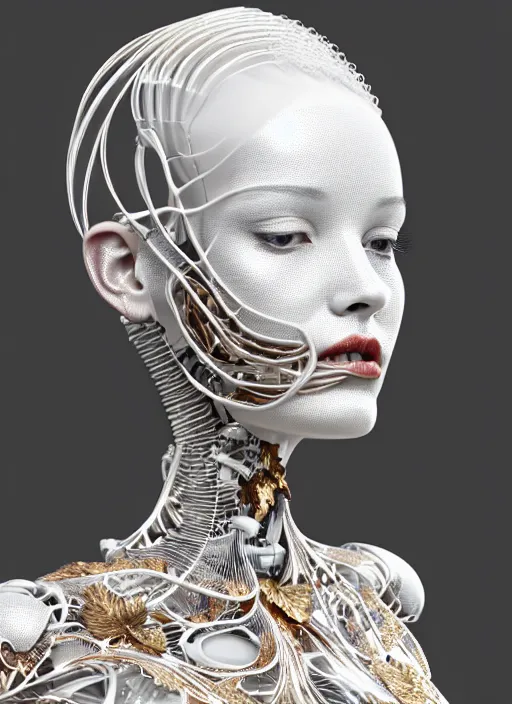 Image similar to complex 3d render ultra detailed of a beautiful porcelain profile woman face, mechanical cyborg, 150 mm, silver gold details, beautiful natural soft light, rim light, magnolia big leaves and stems, roots, fine foliage lace, mesh wire, intricate details, hyperrealistic, mandelbrot fractal, anatomical, red lips, Alexander McQueen haute couture, white metal armor, facial muscles, cable wires, microchip, elegant, octane render, H.R. Giger style, 8k