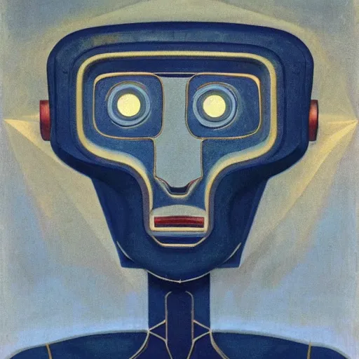 Image similar to the robot wearing her human mask, by christopher kit williams and nicholas roerich, symbolist, dramatic lighting, elaborate geometric ornament, art brut, god rays, soft cool colors, smooth, sharp focus, extremely detailed