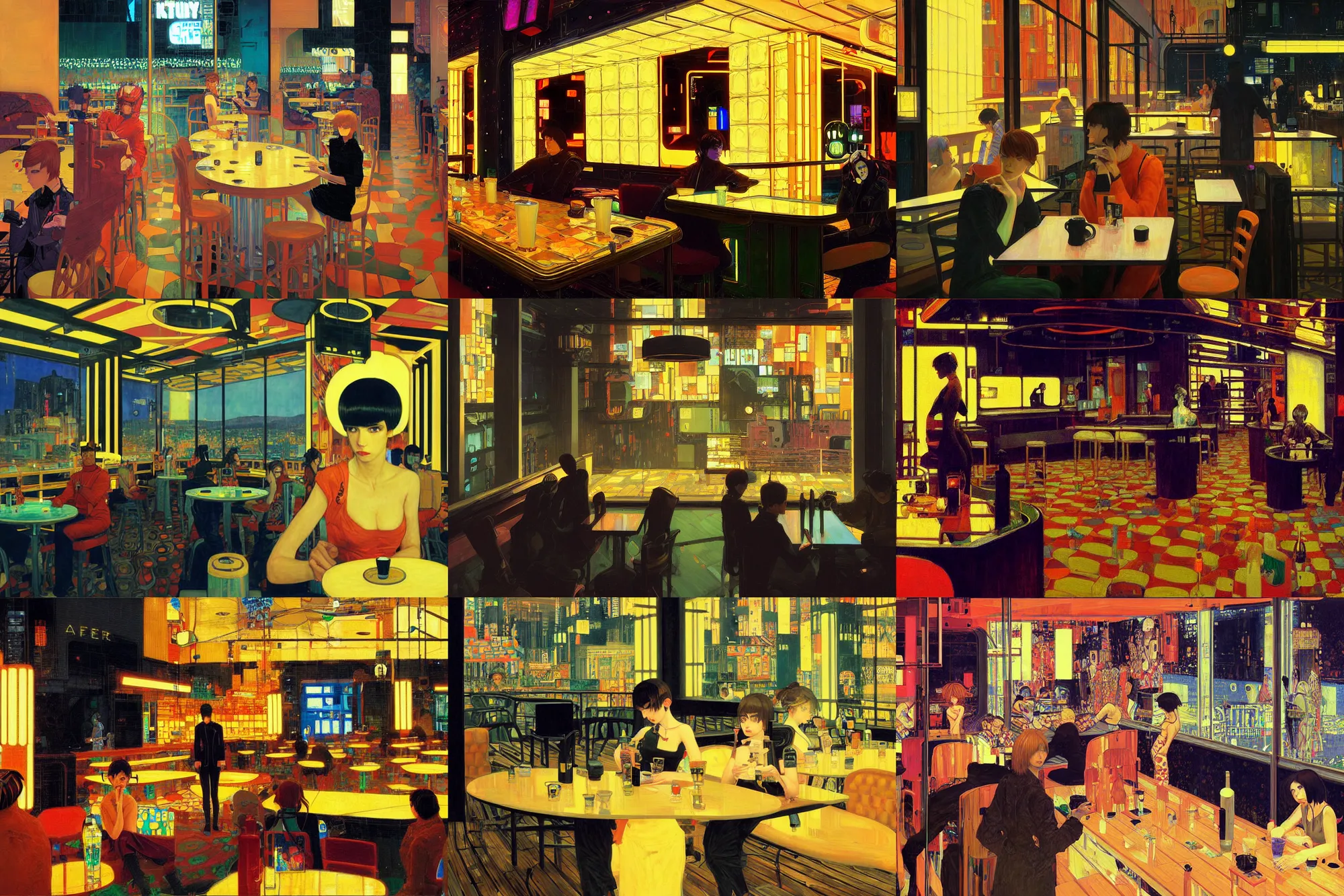 Image similar to A cyberpunk cafe painted by Ilya Kuvshinov and Gustav Klimt and Edward Hopper