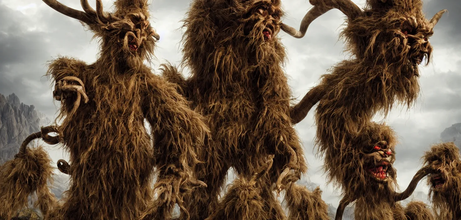 Image similar to hyperrealist highly detailed neo-baroque photography of krampus hay monsters standing in dolomites concept art pascal blanche dramatic studio lighting 8k wide angle shallow depth of field