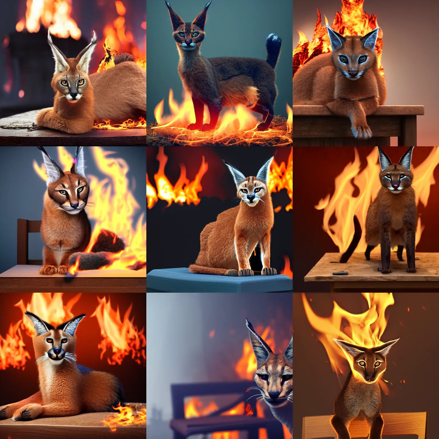 Prompt: cute caracal on a chair near a table, surrounded by flames of fire, octane render, 3d, 8k , hd, studio light