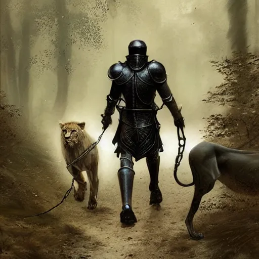 Prompt: a knight dressed in black armor,walking his pet lion on a leash in a forest,dramatic,detailed face,digital art,art by greg rutkowski,Akihiko Yoshida,artstation,deviantart,photorealistic,highly detailed,calm,natural lighting,hyperdetailed,Character design by charlie bowater, ross tran, artgerm, and makoto shinkai, detailed, inked, western comic book art, 2021 award winning painting