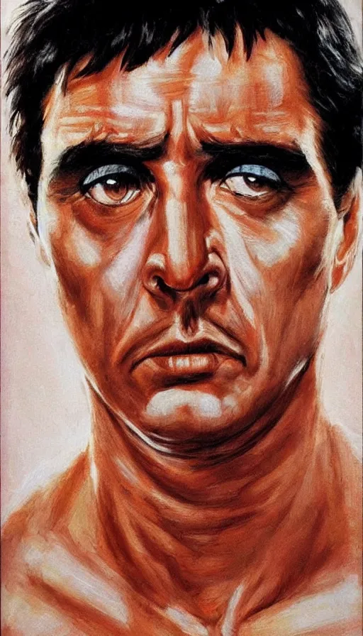 Image similar to close up. perfect symmetric face, coherent symmetric eyes. detailed face. portrait of tony montana from movie scarface. angry face. contrast colors