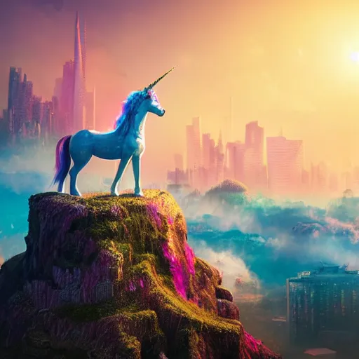 Image similar to a iridescent unicorn on a cliff overlooking a dystopian city covered in colorful toxic smog, ultra realistic, concept art, intricate details, highly detailed, photorealistic, octane render, 8 k, fantasy art, masterpiece