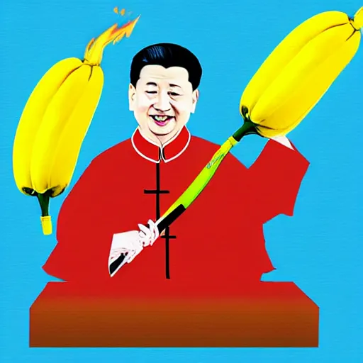 Image similar to Chinese president, bananas weapon, dragon, fight, flaming mountain, painting, epic