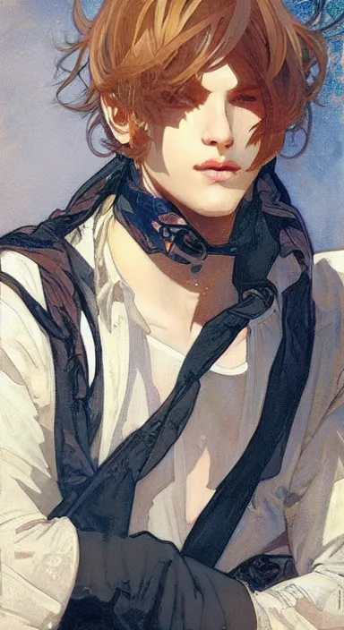 Prompt: Portrait of a cute stylish catboy in his twenties. Art by Greg Rutkowski and Alphonse Mucha