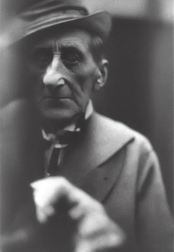 Image similar to a close - up casual photo of marcel duchamp with pensive eyes, blurry, 1 9 2 0 s monochrome snapshot, graflex 4 x 5, f 1. 8, 3 5 mm, ilford delta 3 2 0 0 pro, cyborg