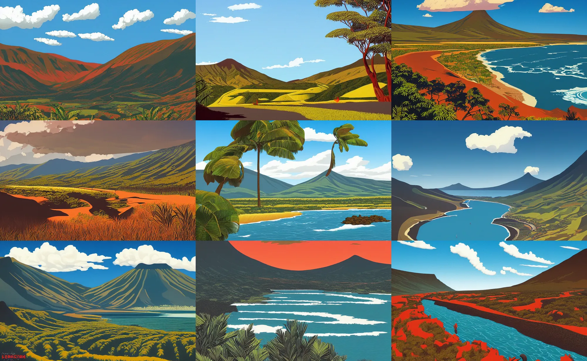 Prompt: a beautiful landscape of reunion island painting by kenton nelson, ( ( by laurie greasley ) ), trending on artstation