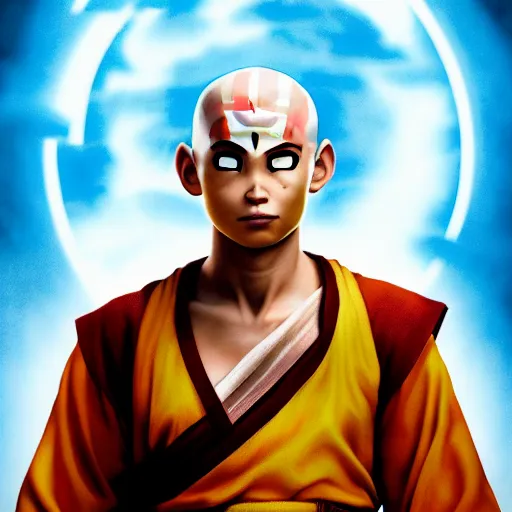 Prompt: a portrait of Avatar Aang by Zack Snyder, Christopher Nolan, Steven Spielberg, Avatar the Last Airbender, 8k photorealistic, cinematic lighting, HD, high details, dramatic