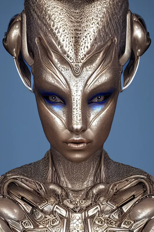 Prompt: symmetric hyper realistic elegant alien portrait, blue metallic skin, jewelry intricate details, unreal engine5, octane